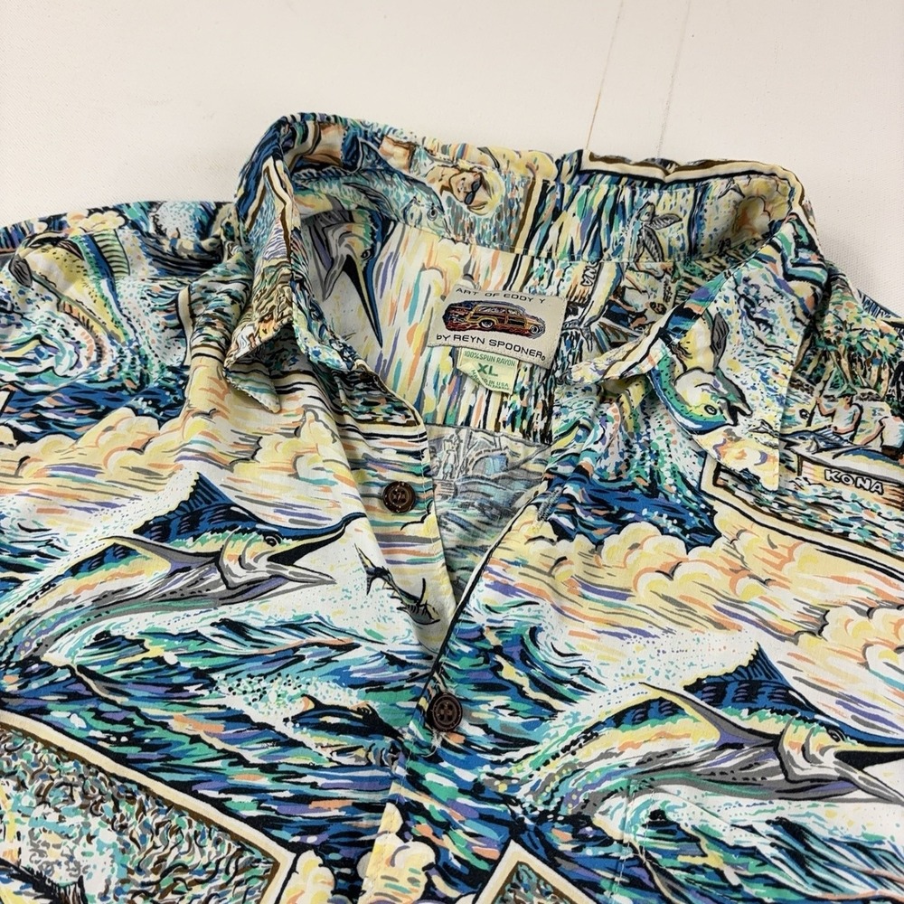 Reyn Spooner Shirt Mens XL Blue Art Of Eddy Fish Hawaiian USA Bimini Button-Up